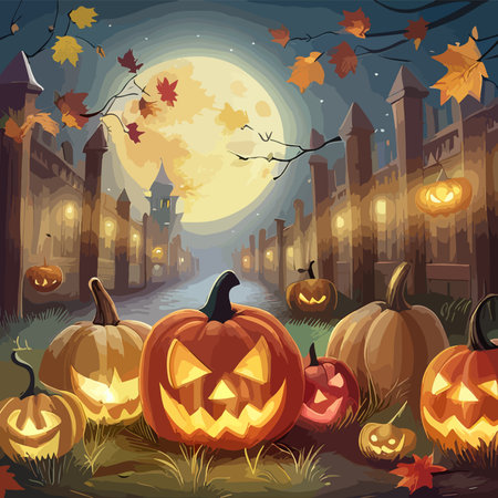 scary pumpkin heads in a dark halloween forest, artのイラスト素材
