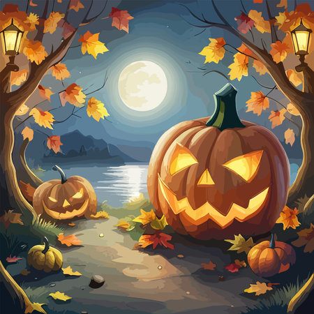 scary pumpkin heads in a dark halloween forest, artのイラスト素材