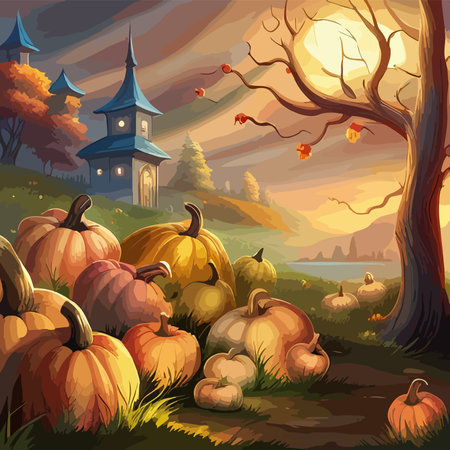 scary pumpkin heads in a dark halloween forest, artのイラスト素材