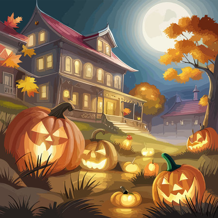 scary pumpkin heads in a dark halloween forest, artのイラスト素材