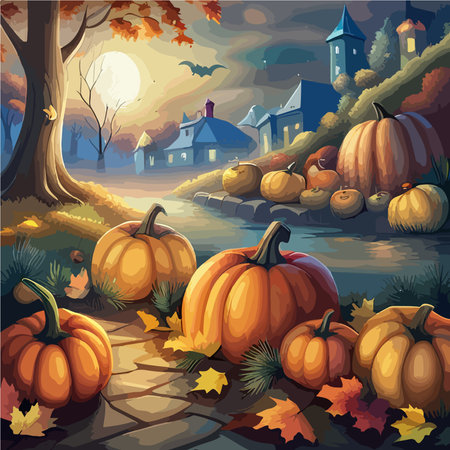 scary pumpkin heads in a dark halloween forest, artのイラスト素材