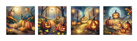 scary pumpkin heads in a dark halloween forest, artのイラスト素材