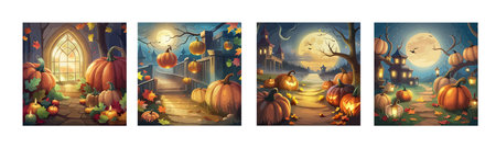 scary pumpkin heads in a dark halloween forest, artのイラスト素材