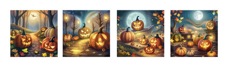 scary pumpkin heads in a dark halloween forest, artのイラスト素材