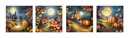 scary pumpkin heads in a dark halloween forest, artのイラスト素材