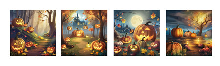 scary pumpkin heads in a dark halloween forest, artのイラスト素材