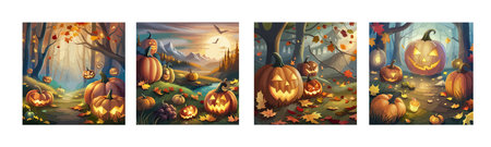 scary pumpkin heads in a dark halloween forest, artのイラスト素材