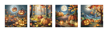 scary pumpkin heads in a dark halloween forest, artのイラスト素材