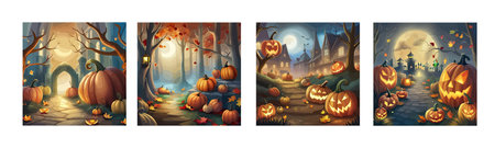 scary pumpkin heads in a dark halloween forest, artのイラスト素材