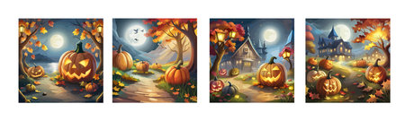scary pumpkin heads in a dark halloween forest, artのイラスト素材