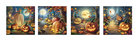scary pumpkin heads in a dark halloween forest, artのイラスト素材