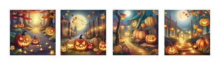 scary pumpkin heads in a dark halloween forest, artのイラスト素材