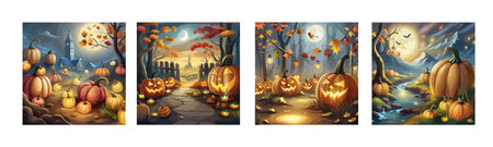 scary pumpkin heads in a dark halloween forest, artのイラスト素材