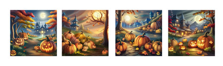 scary pumpkin heads in a dark halloween forest, artのイラスト素材