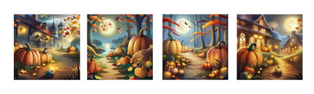 scary pumpkin heads in a dark halloween forest, artのイラスト素材