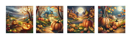 scary pumpkin heads in a dark halloween forest, artのイラスト素材