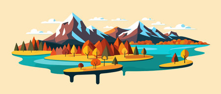 Autumn landscape with trees, mountains, fields, leaves.のイラスト素材