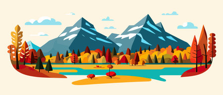 Autumn landscape with trees, mountains, fields, leaves.のイラスト素材
