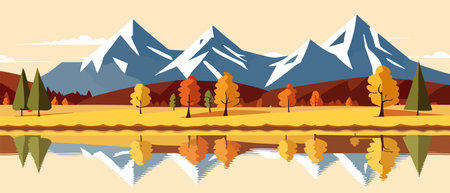 Autumn landscape with trees, mountains, fields, leaves.のイラスト素材