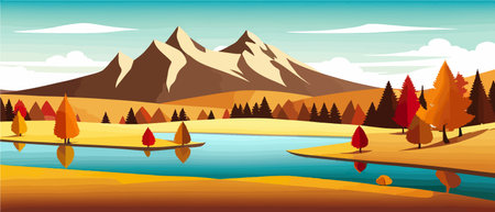 Autumn landscape with trees, mountains, fields, leaves.のイラスト素材