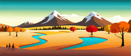Autumn landscape with trees, mountains, fields, leaves.のイラスト素材