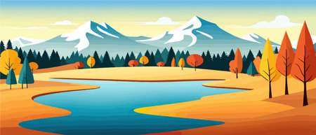 Ilustración de Autumn landscape with trees, mountains, fields, leaves. - Imagen libre de derechos