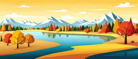 Autumn landscape with trees, mountains, fields, leaves.のイラスト素材