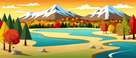Autumn landscape with trees, mountains, fields, leaves.のイラスト素材