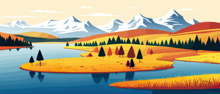 Autumn landscape with trees, mountains, fields, leaves.のイラスト素材