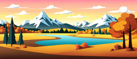 Autumn landscape with trees, mountains, fields, leaves.のイラスト素材