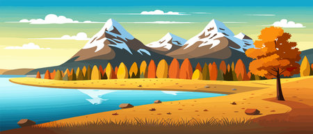 Autumn landscape with trees, mountains, fields, leaves.のイラスト素材