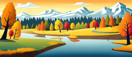 Autumn landscape with trees, mountains, fields, leaves.