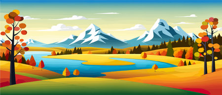 Autumn landscape with trees, mountains, fields, leaves.のイラスト素材