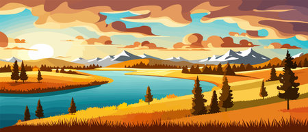 Autumn landscape with trees, mountains, fields, leaves.のイラスト素材