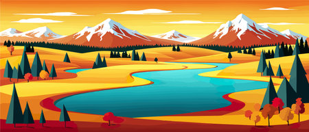 Autumn landscape with trees, mountains, fields, leaves.のイラスト素材
