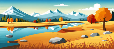 Autumn landscape with trees, mountains, fields, leaves.のイラスト素材