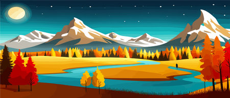 Autumn landscape with trees, mountains, fields, leaves.のイラスト素材