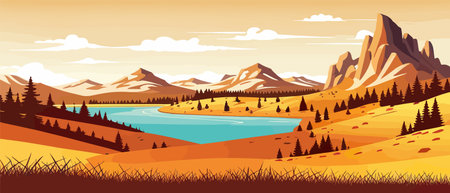 Autumn landscape with trees, mountains, fields, leaves.のイラスト素材