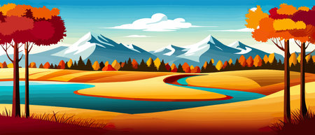 Autumn landscape with trees, mountains, fields, leaves.のイラスト素材