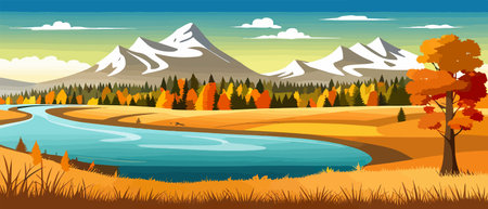 Autumn landscape with trees, mountains, fields, leaves.のイラスト素材