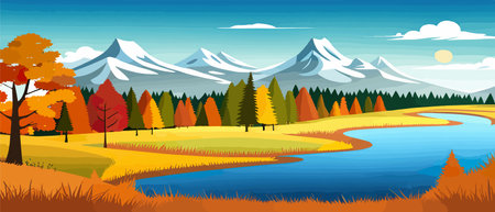 Autumn landscape with trees, mountains, fields, leaves.のイラスト素材