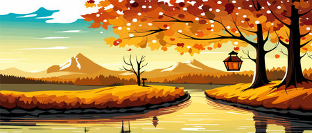 Autumn landscape with trees, mountains, fields, leaves.のイラスト素材