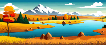 Autumn landscape with trees, mountains, fields, leaves.のイラスト素材