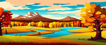 Autumn landscape with trees, mountains, fields, leaves.のイラスト素材