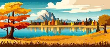 Autumn landscape with trees, mountains, fields, leaves.のイラスト素材