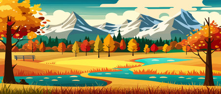 Autumn landscape with trees, mountains, fields, leaves.のイラスト素材