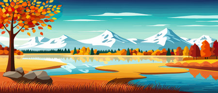 Autumn landscape with trees, mountains, fields, leaves.のイラスト素材