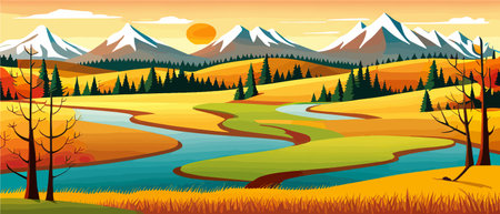 Autumn landscape with trees, mountains, fields, leaves.のイラスト素材