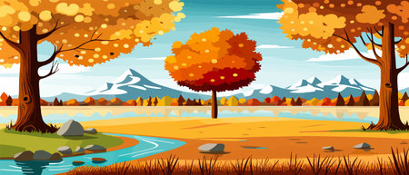 Autumn landscape with trees, mountains, fields, leaves.のイラスト素材
