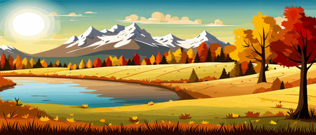 Autumn landscape with trees, mountains, fields, leaves.のイラスト素材